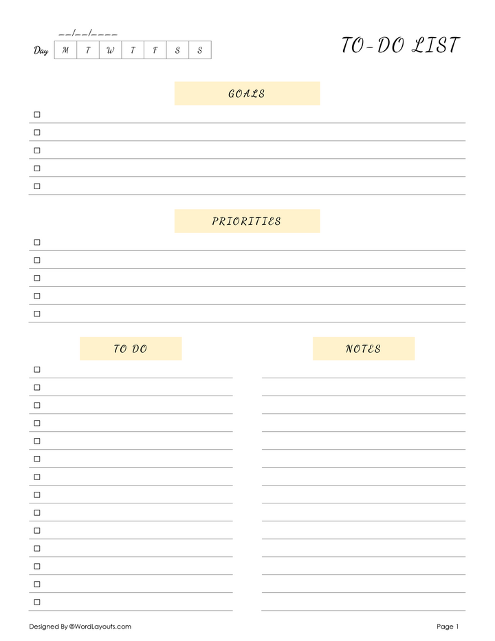 Focused Daily Task Sheet Template - WordLayouts