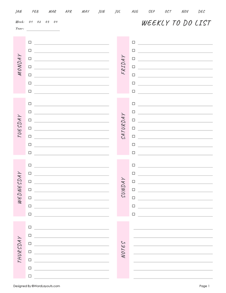 Weekly Task Planner Template - WordLayouts