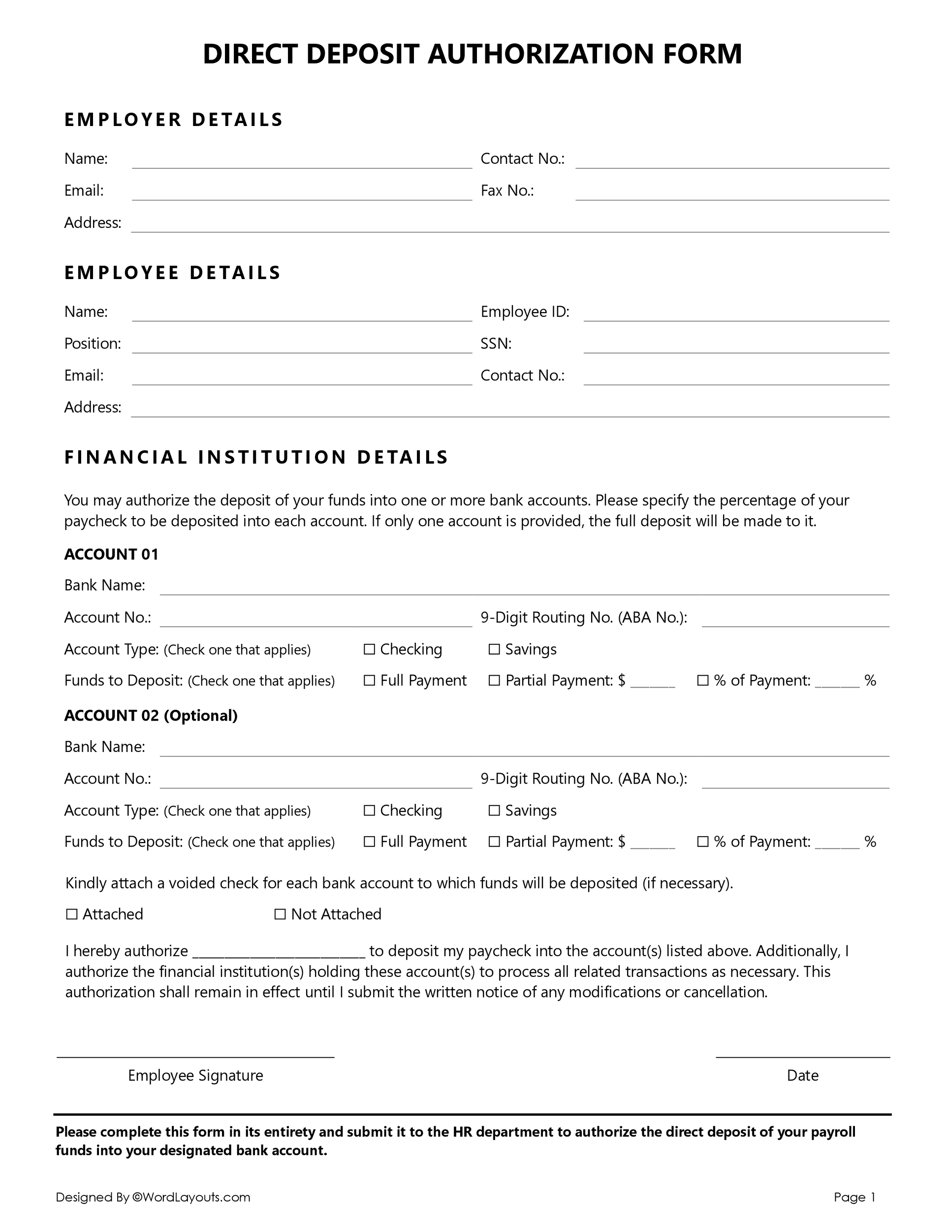 free-direct-deposit-authorization-form-wordlayouts for Free Printable 1 9 Form Free Direct Deposit Authorization Form - WordLayouts for Free Printable 1 9 Form