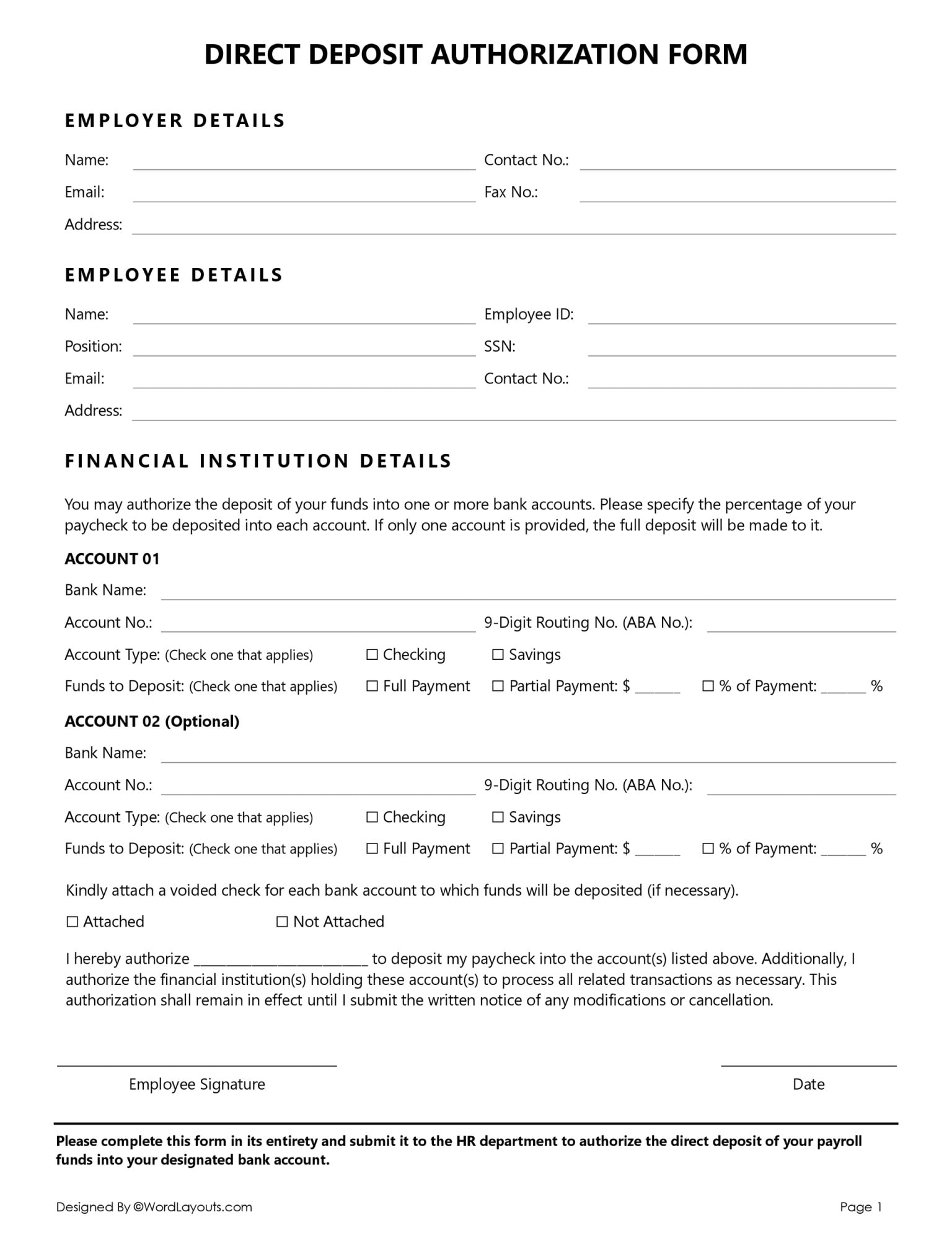 Free Direct Deposit Authorization Form - WordLayouts