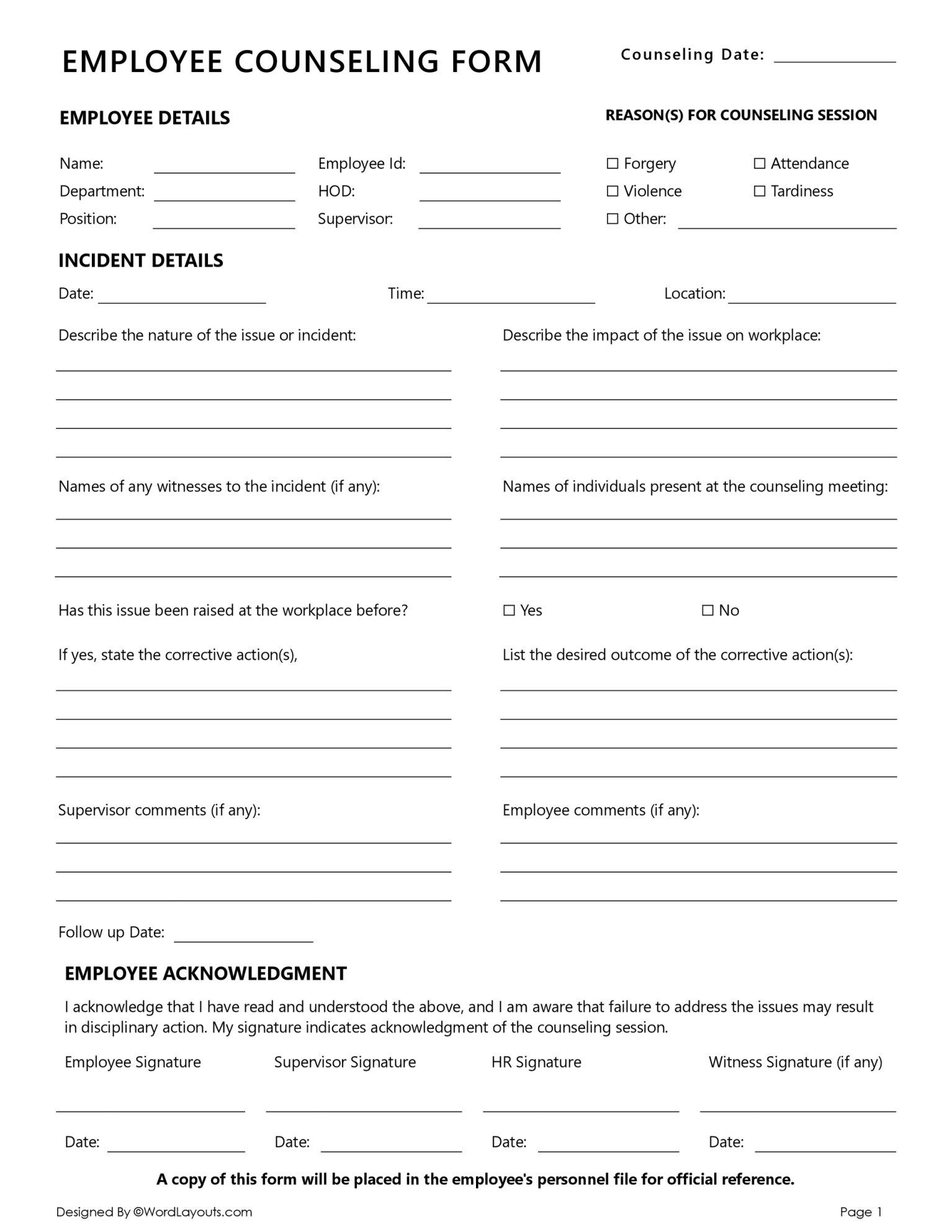 Employee Counseling Form WordLayouts employee-counseling-form-wordlayouts