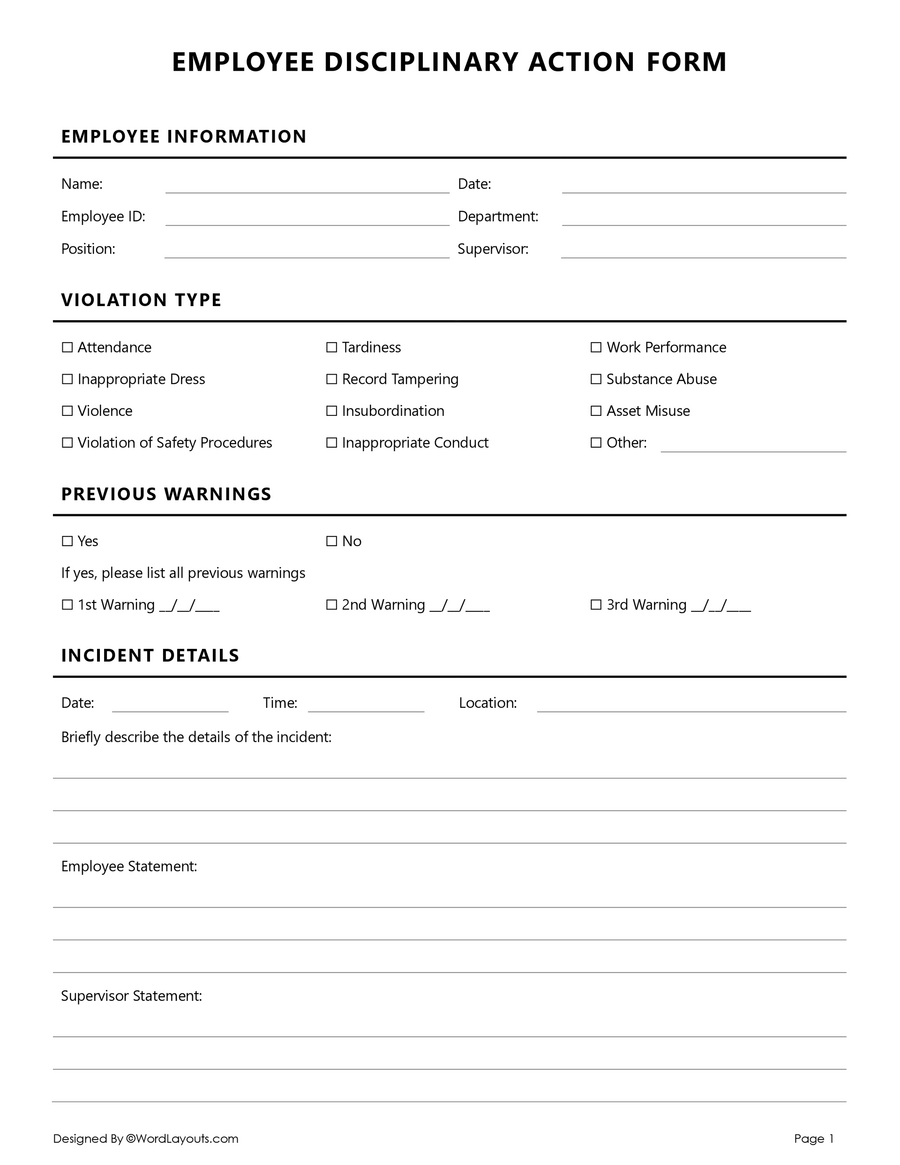 Free Employee Disciplinary Action Form - WordLayouts