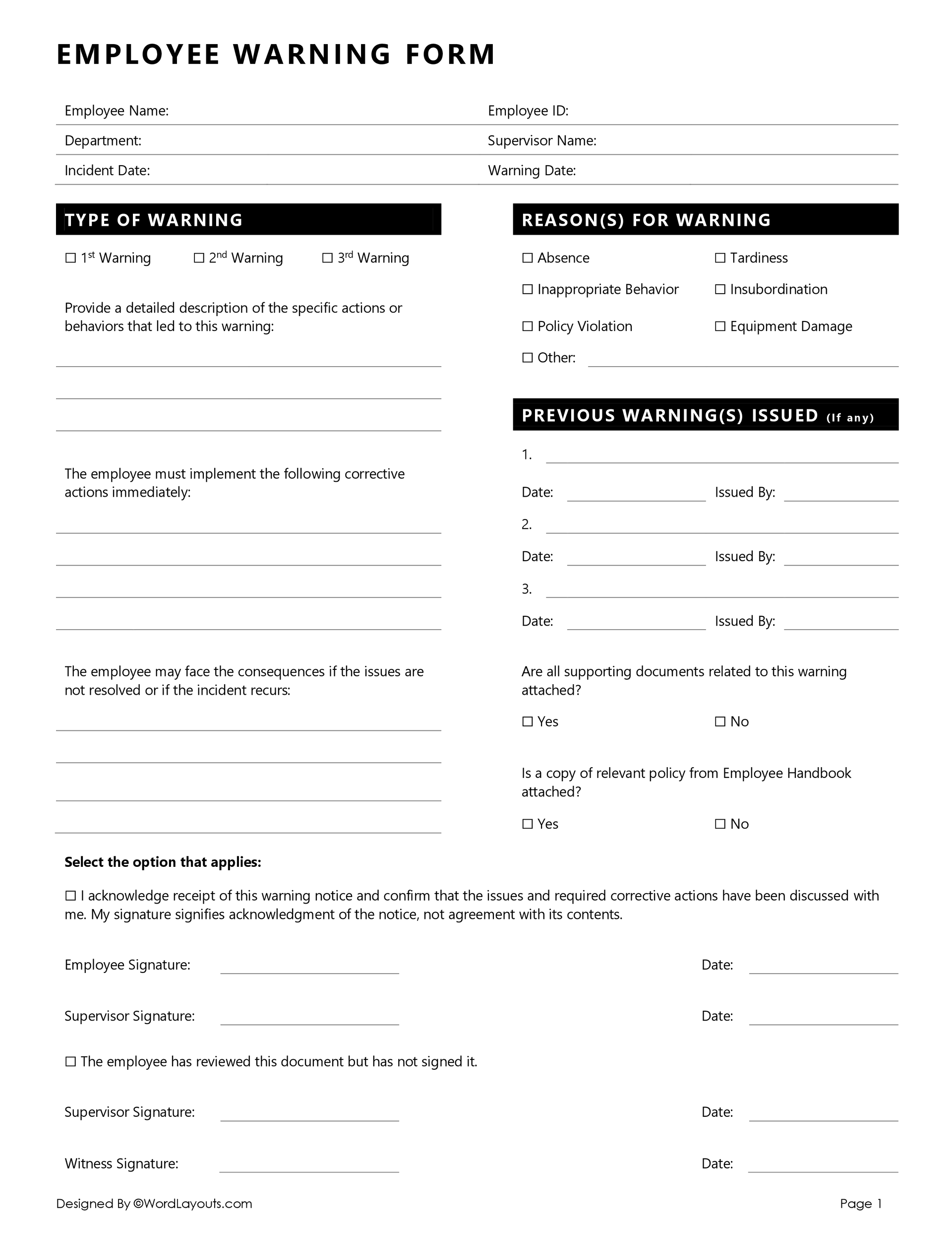 Free Employee Warning Notice Template - WordLayouts