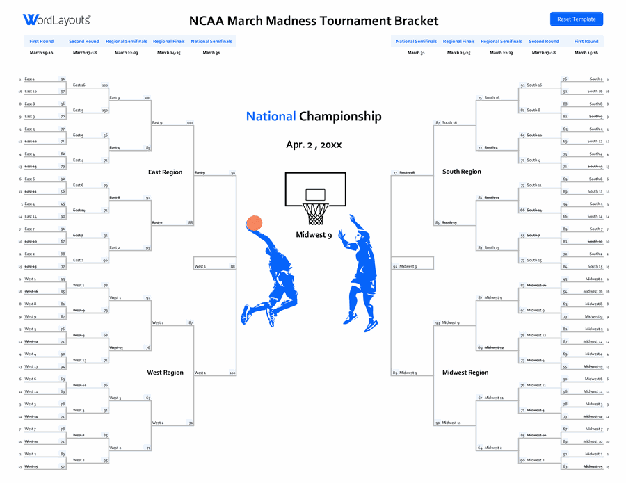 NCAA March Madness Tournament Bracket Template (Excel)