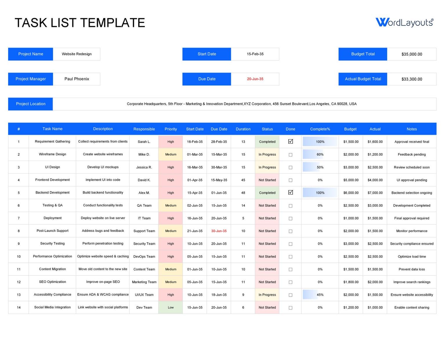 Free Project Task List Template | Excel - GSheets