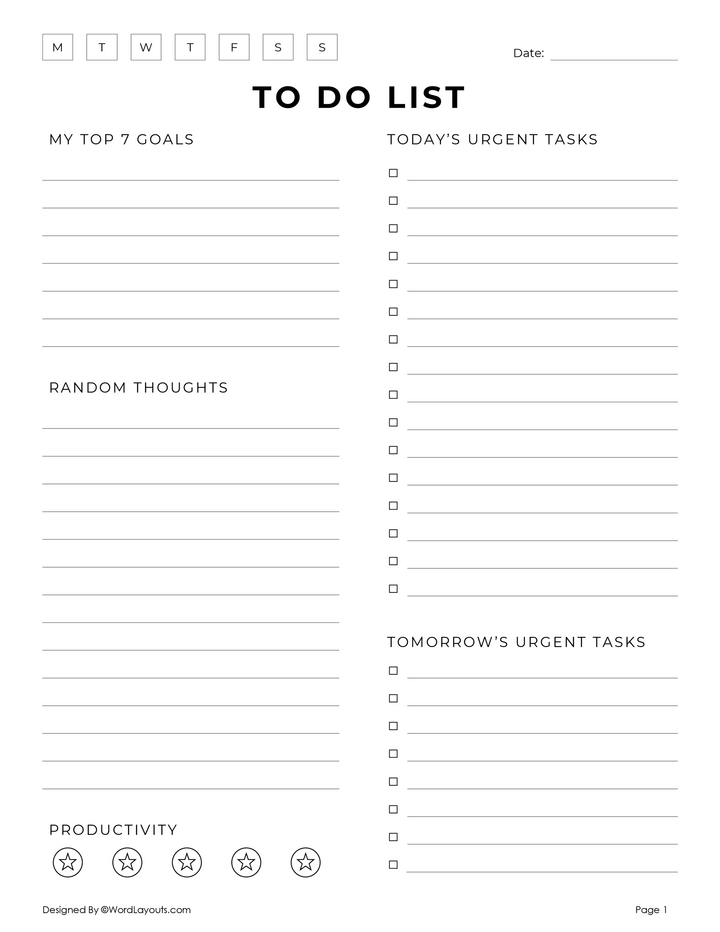 Weekly Task List Template With Goals & Notes - WordLayouts