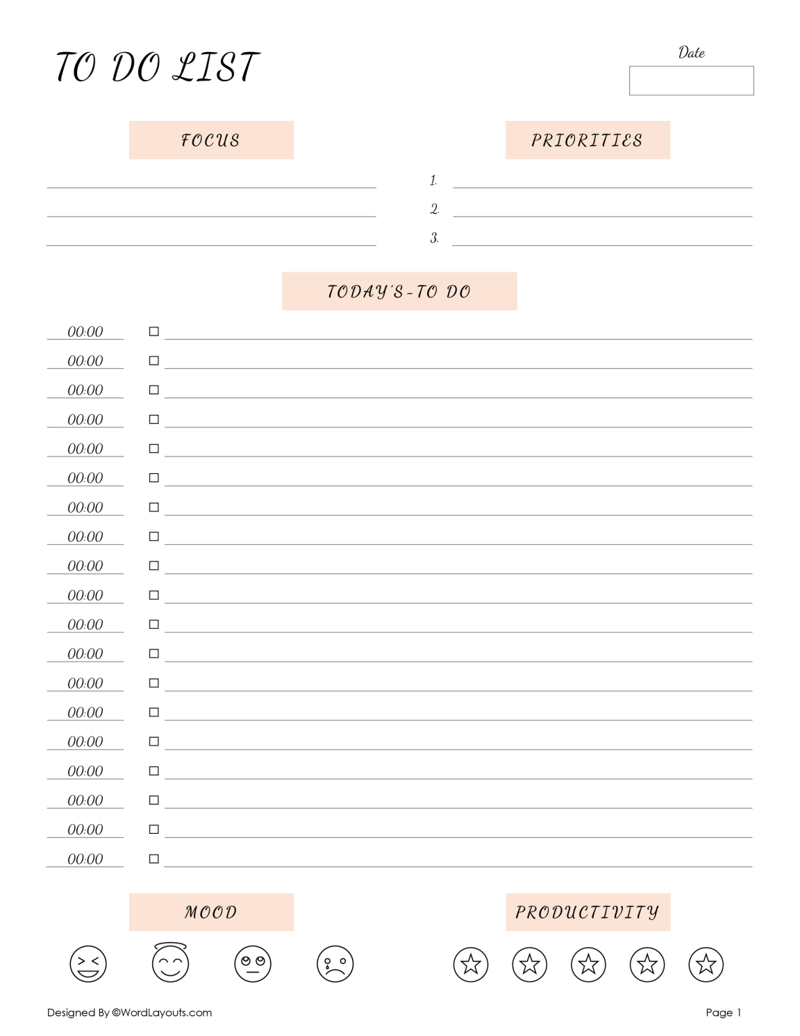 Focused Daily Task Sheet Template - WordLayouts