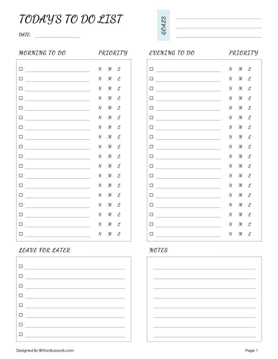 Weekly Task List Template With Goals & Notes - WordLayouts