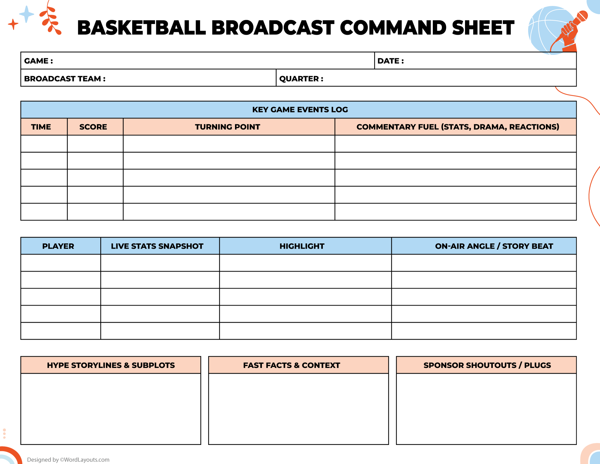 Basketball Broadcast Command Sheet Template - WordLayouts