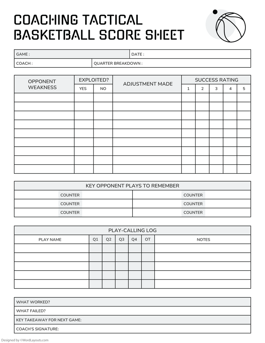 Coaching Tactical Basketball Score Sheet Template