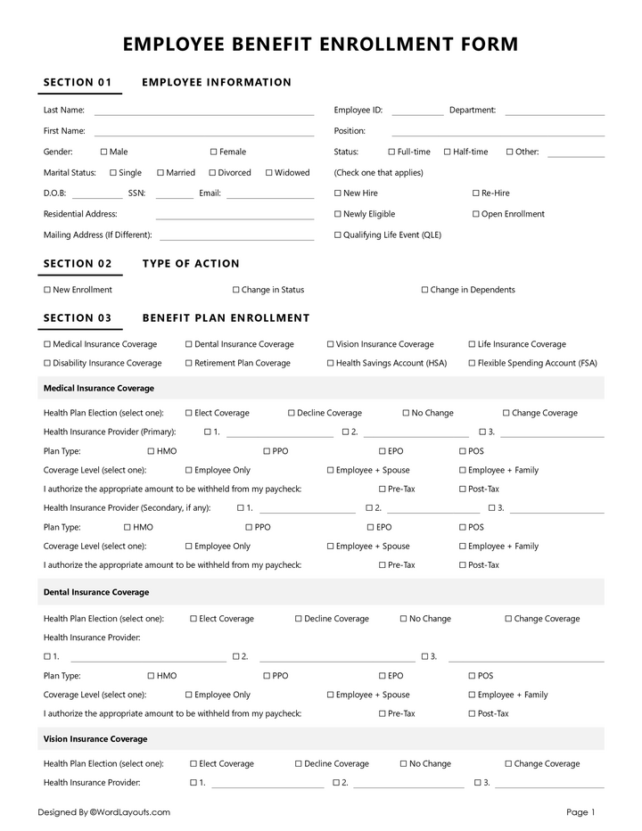 Benefits Enrollment And Change Form Template