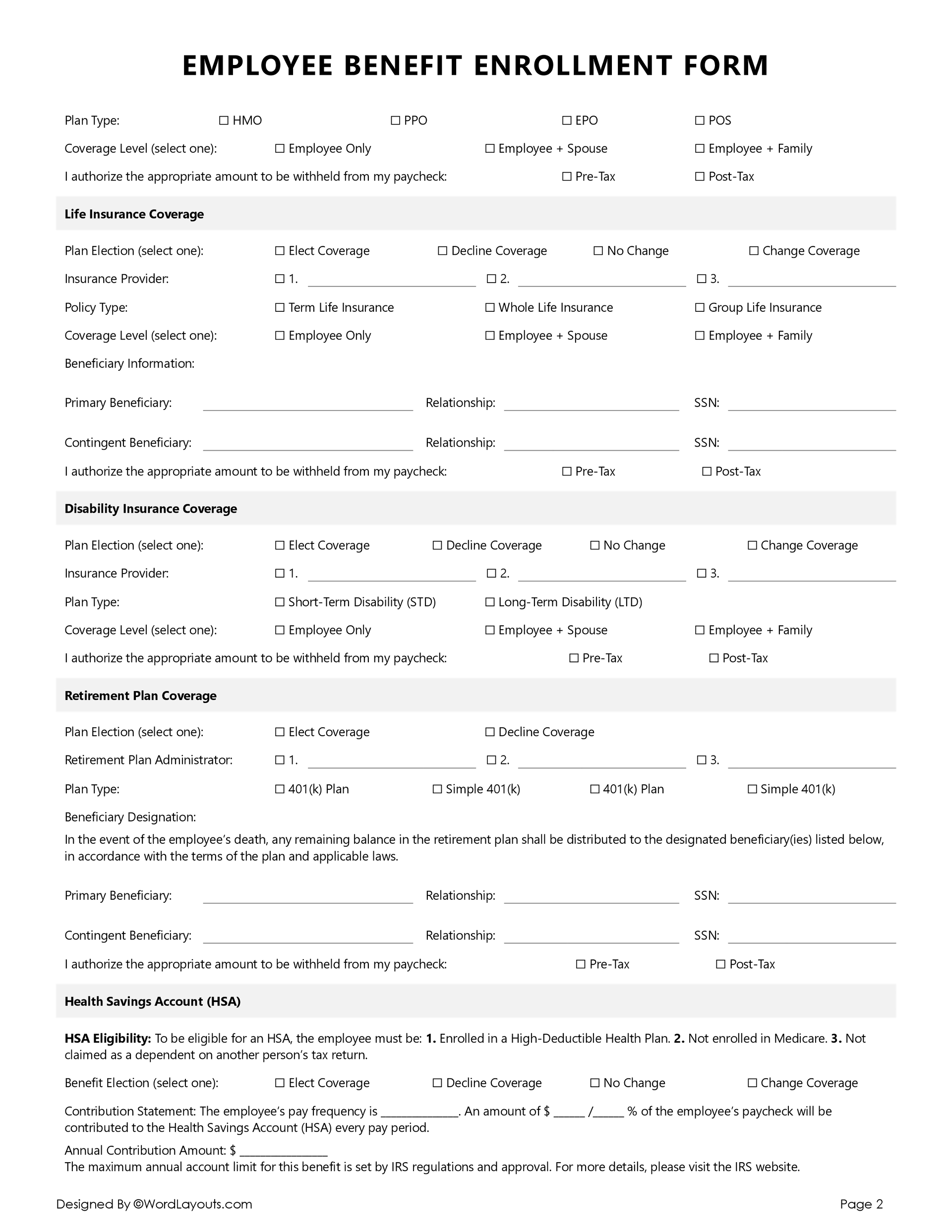 Benefits Enrollment And Change Form Template