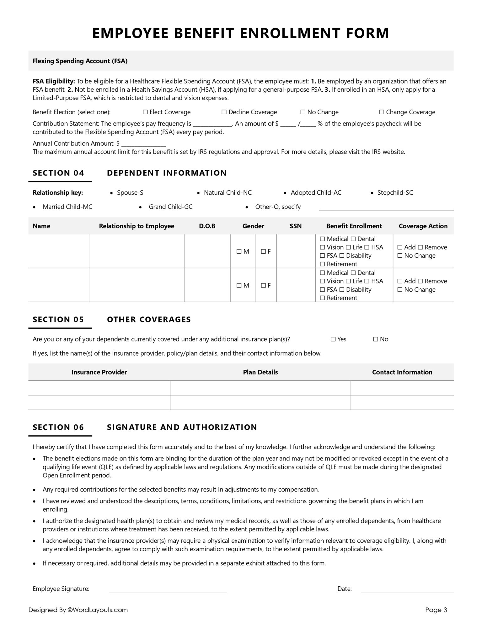 Benefits Enrollment And Change Form Template