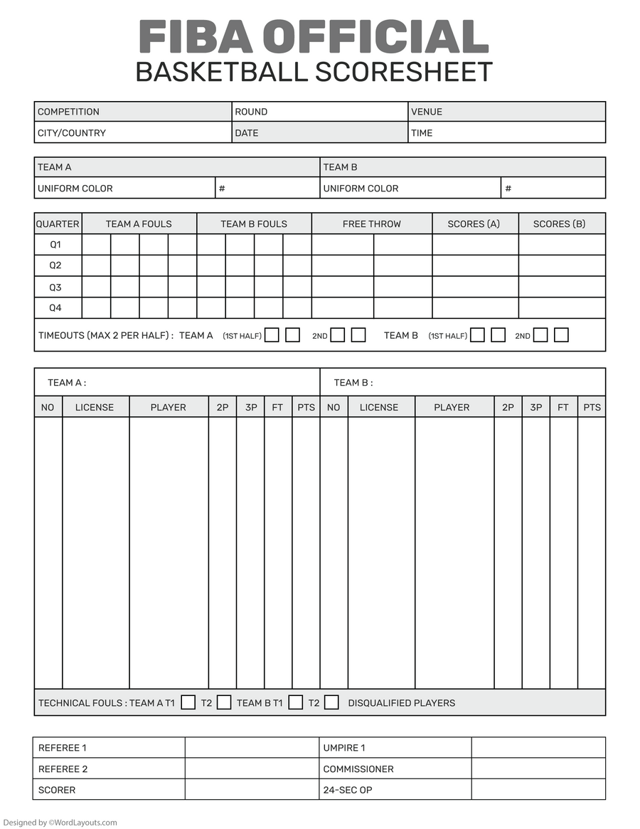 FIBA Basketball Score Sheet Template - WordLayouts