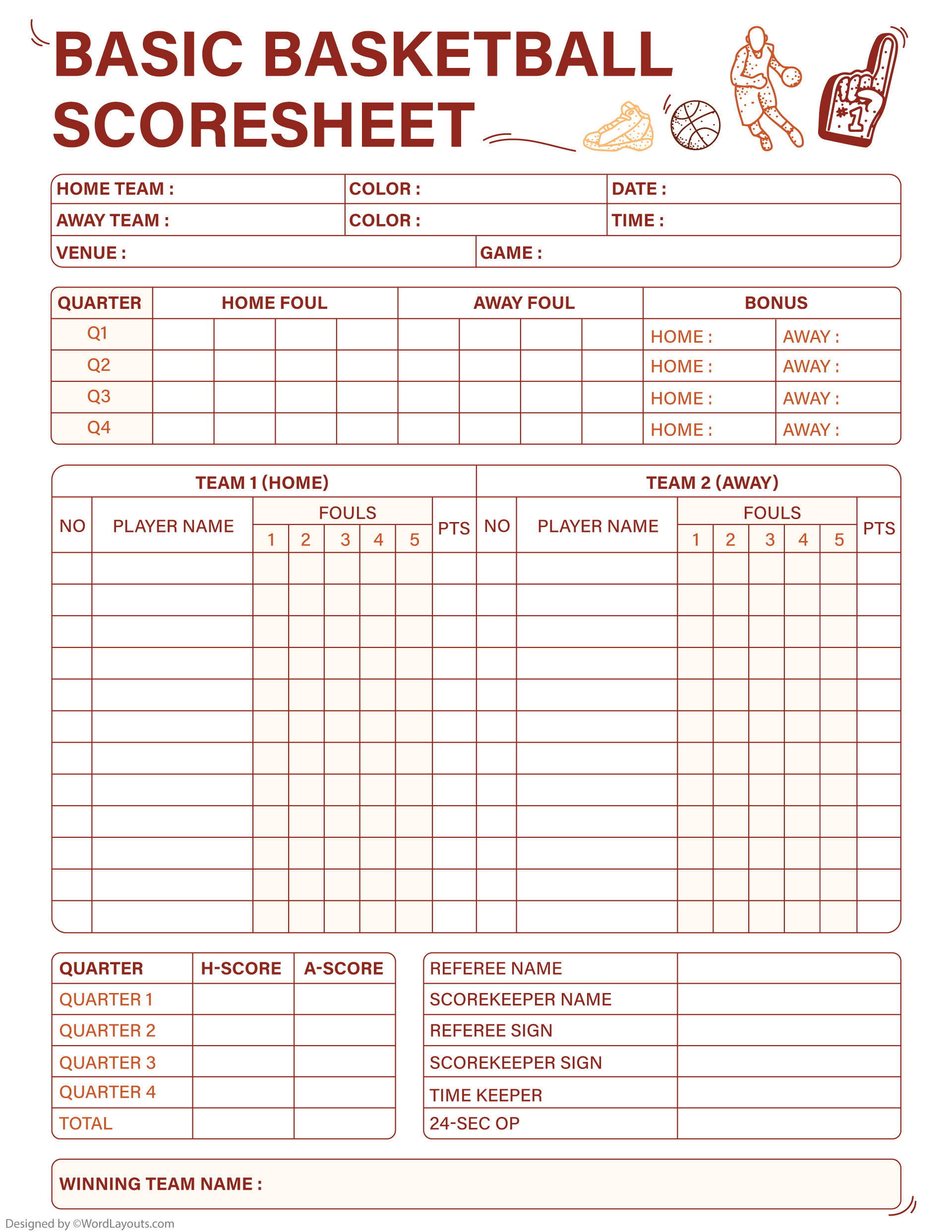 Basic Basketball Score Sheet Template - WordLayouts