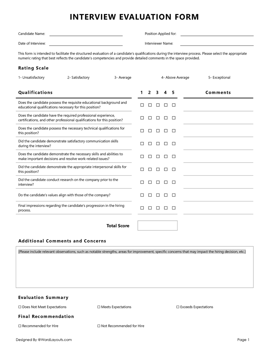 Free Manager Performance Evaluation Template - WordLayouts