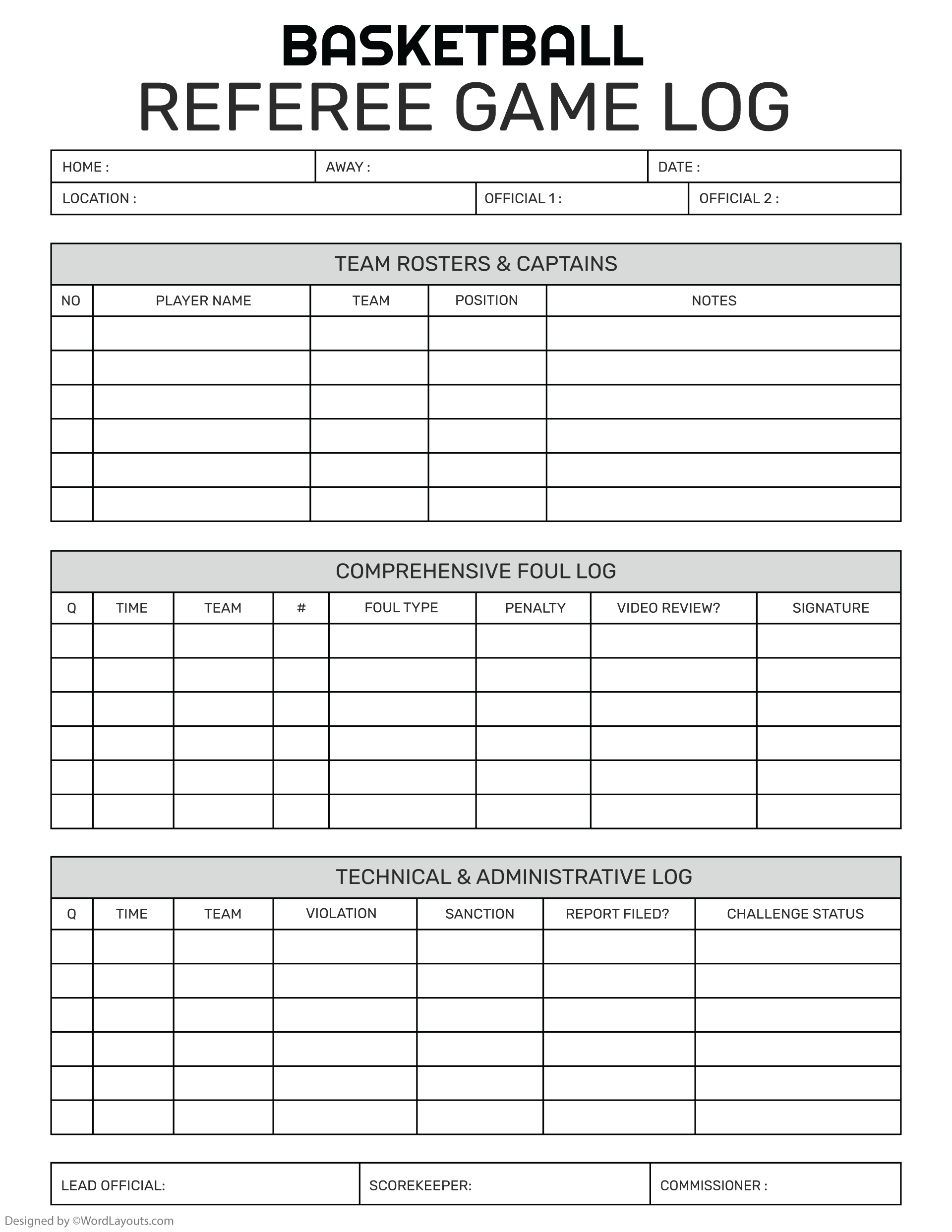 Referee Game Log Basketball Sheet Template - WordLayouts