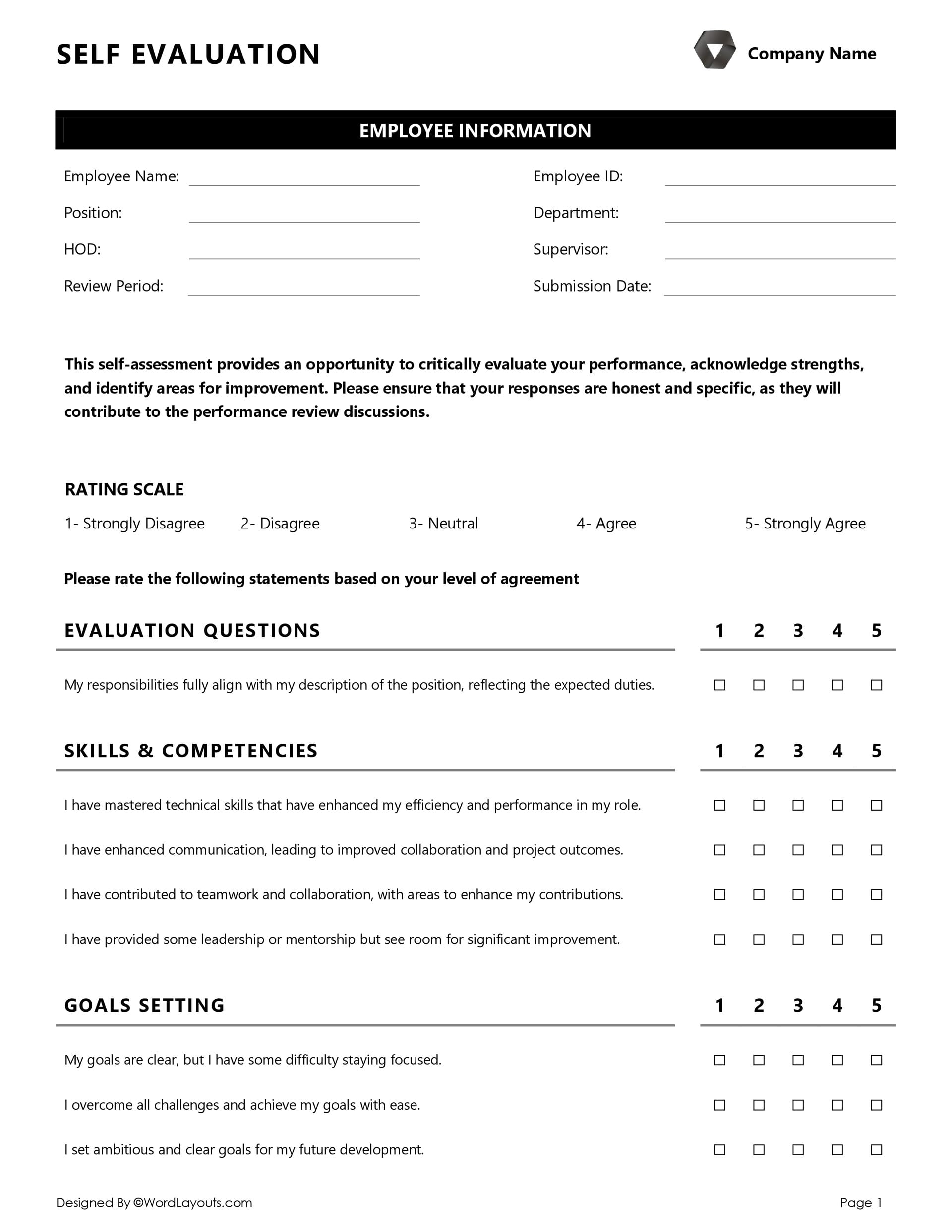 Free Employee Self-Evaluation Form (Word, GDocs) for Free Employee Self Evaluation Forms Printable