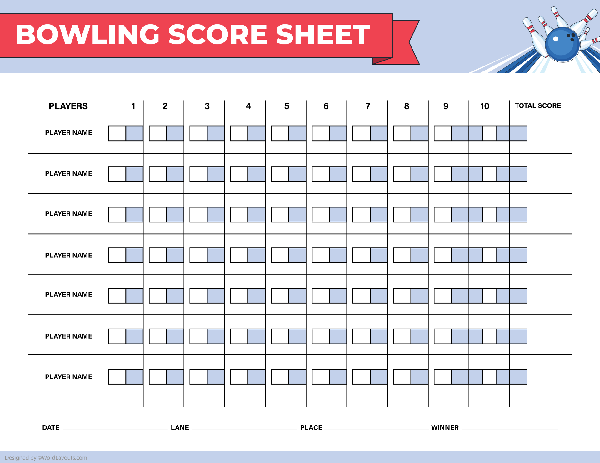 5-Player Bowling Score Sheet Template - WordLayouts