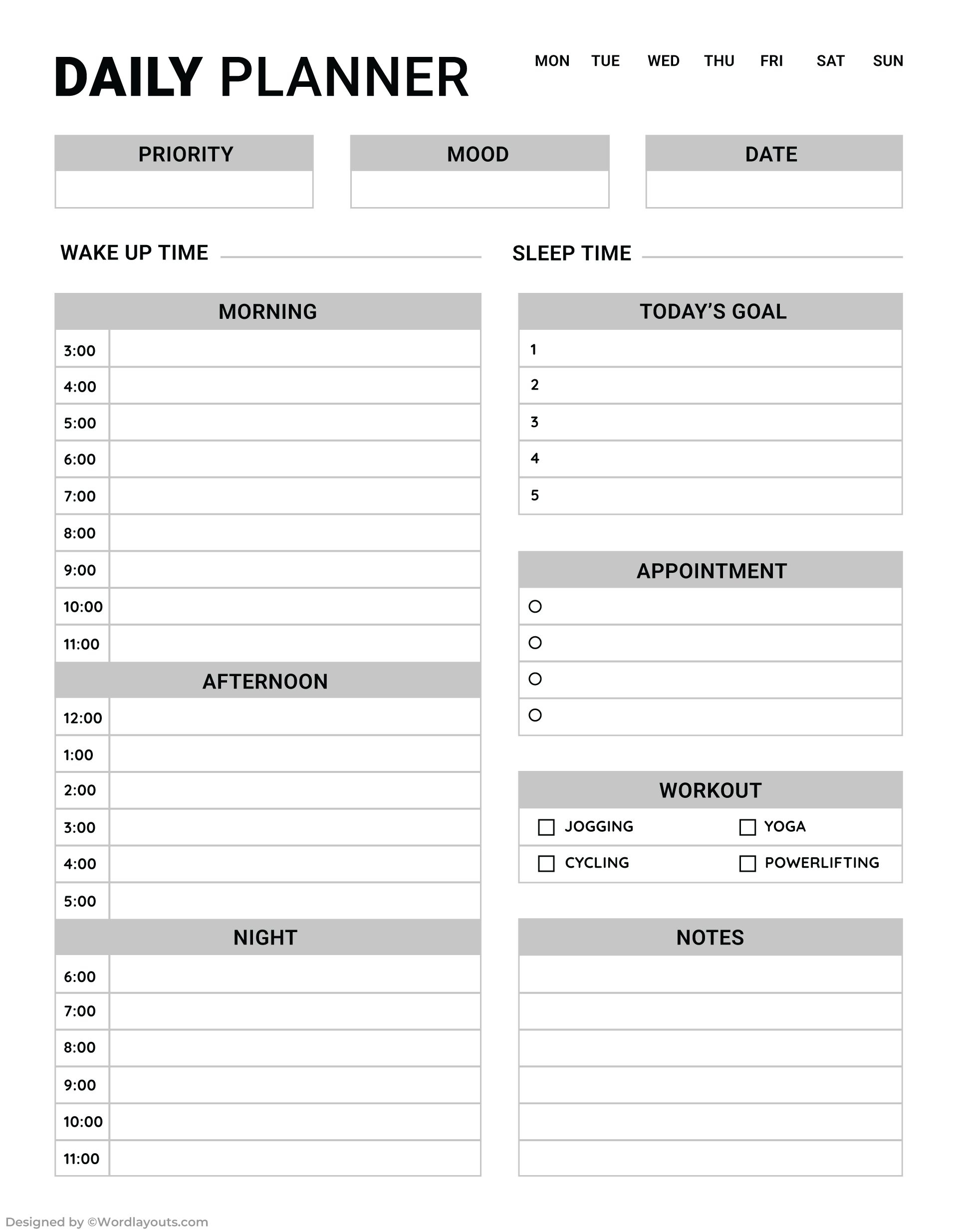 Daily Productivity Planner Layout Template - WordLayouts