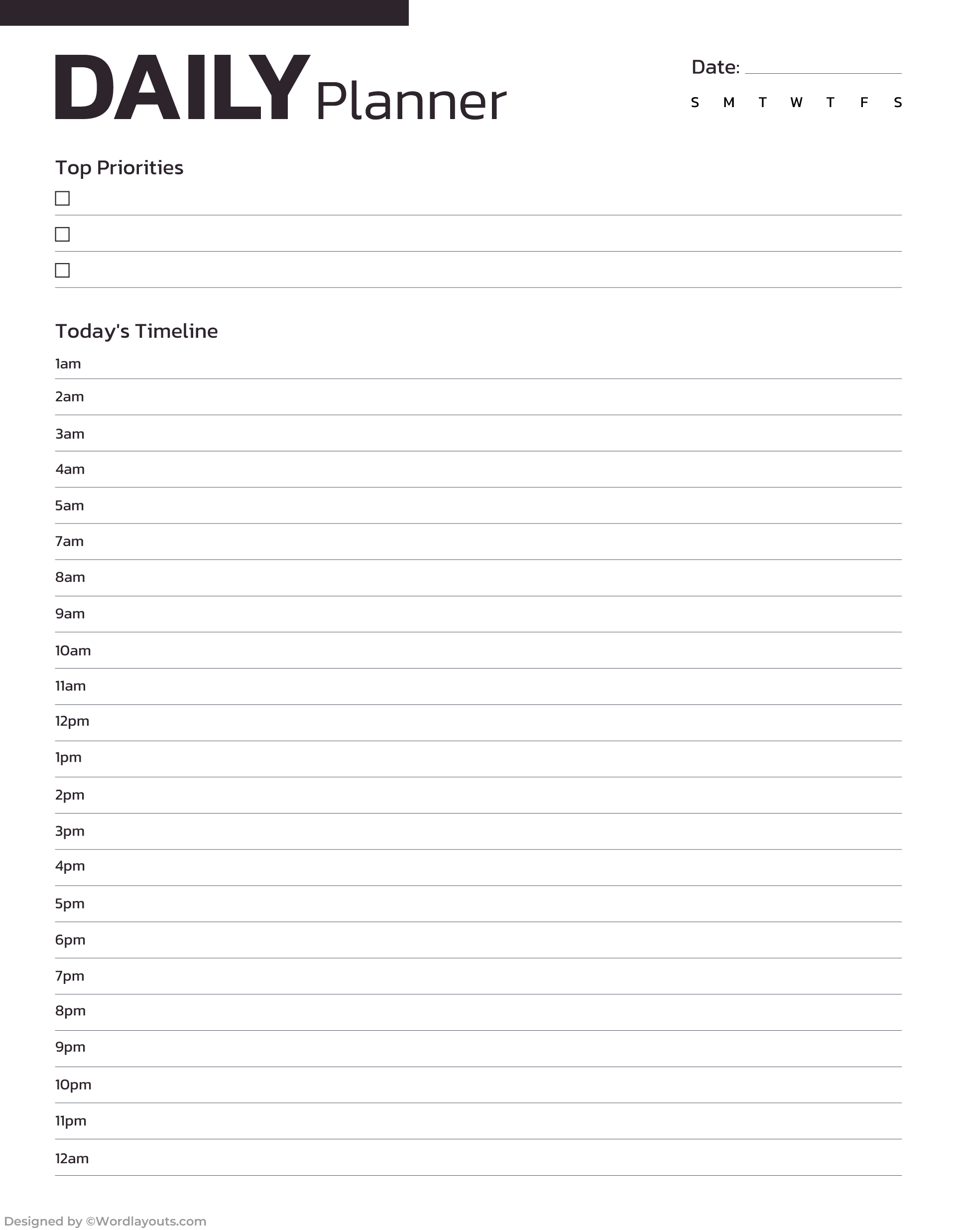 Full-Day Timeline Planner Template - WordLayouts