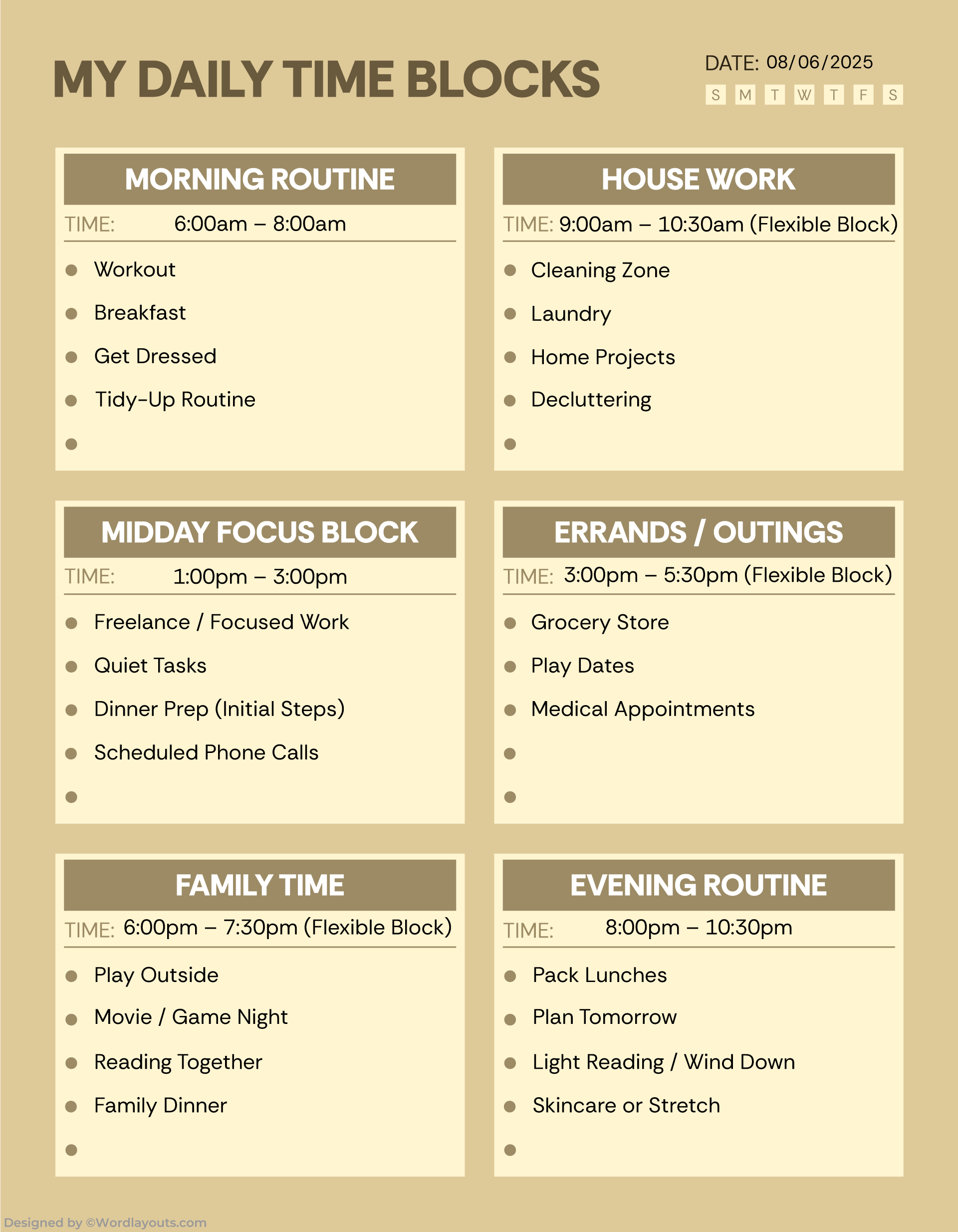 Daily Time Block Planner Template - WordLayouts