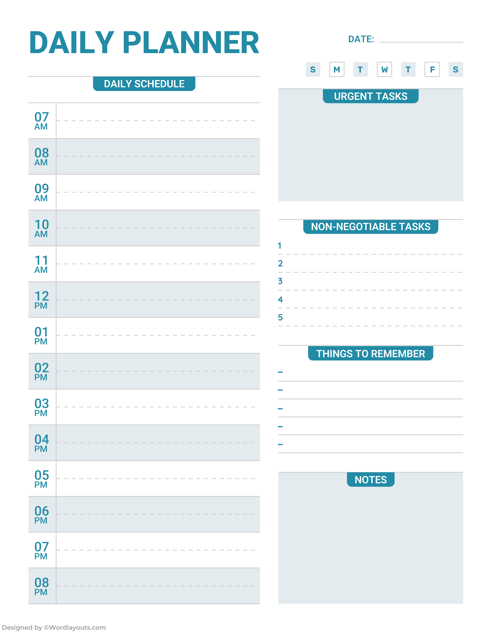 Task Line Daily Work Planner Template - WordLayouts