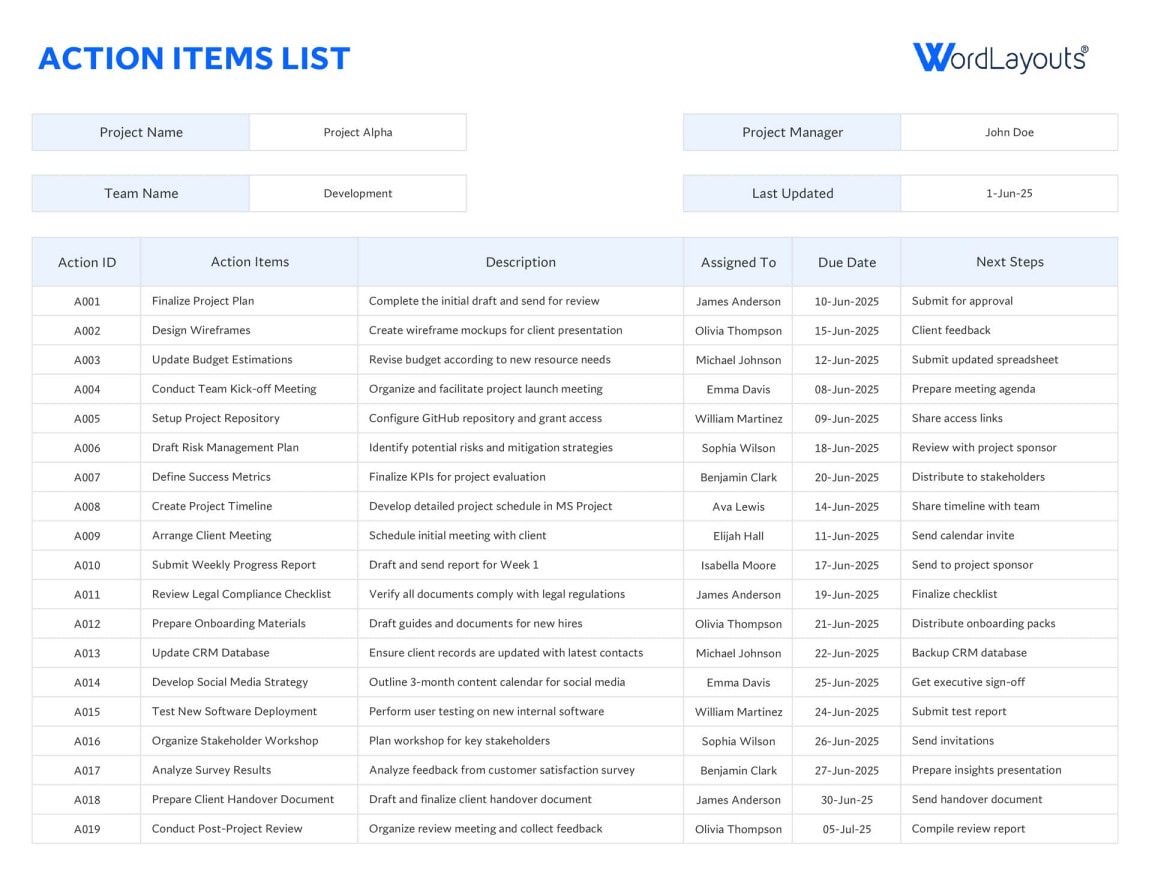 Action Items List Template for Excel