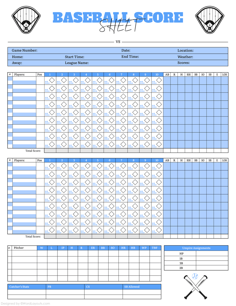 Complete Baseball Score Sheet Template - PDF