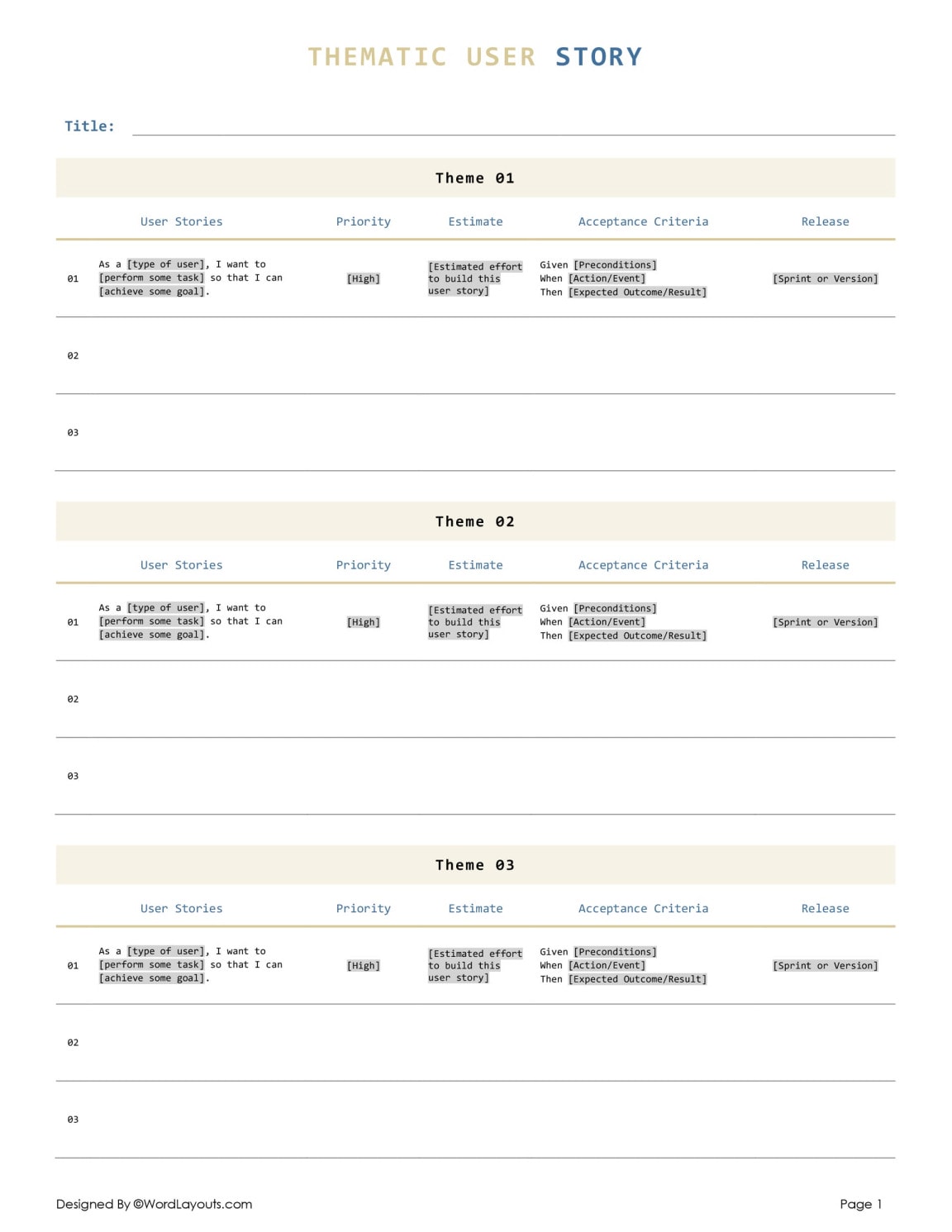Free Thematic User Story Template | Word - Google Docs