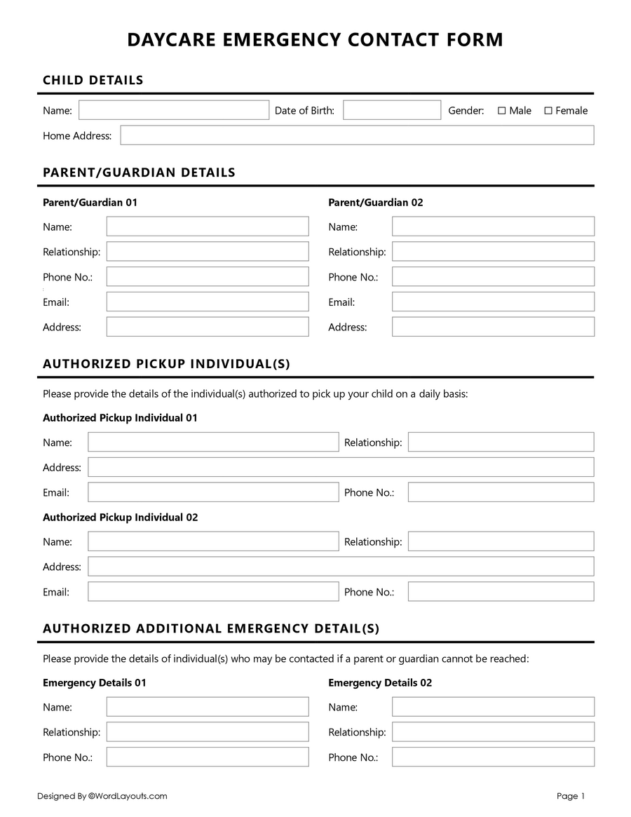 Free Daycare Emergency Contact Form Template