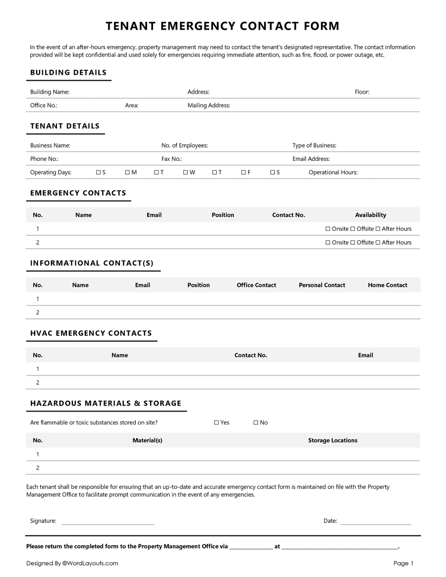 Free Tenant Emergency Contact Form (Commercial)